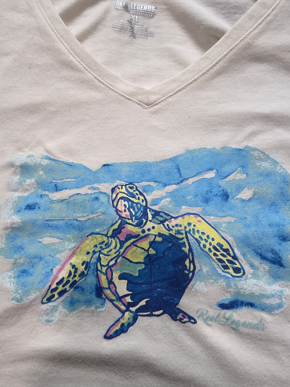 Reel Legends V-Neck Tee with Colorful Sea Turtle Print